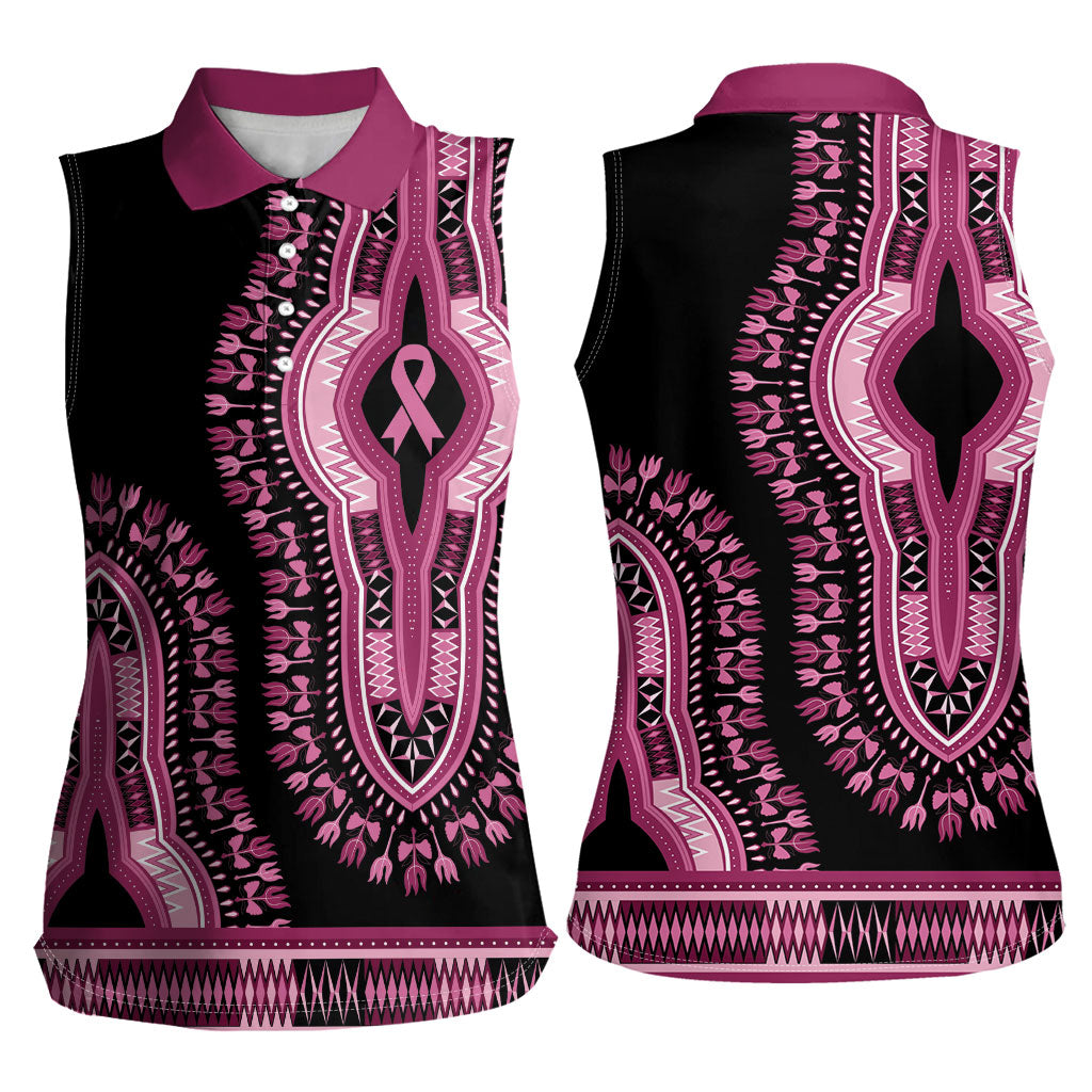 Breast Cancer Pink Ribbon Women Sleeveless Polo Shirt Dashiki Style
