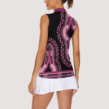 Breast Cancer Pink Ribbon Women Sleeveless Polo Shirt Dashiki Style