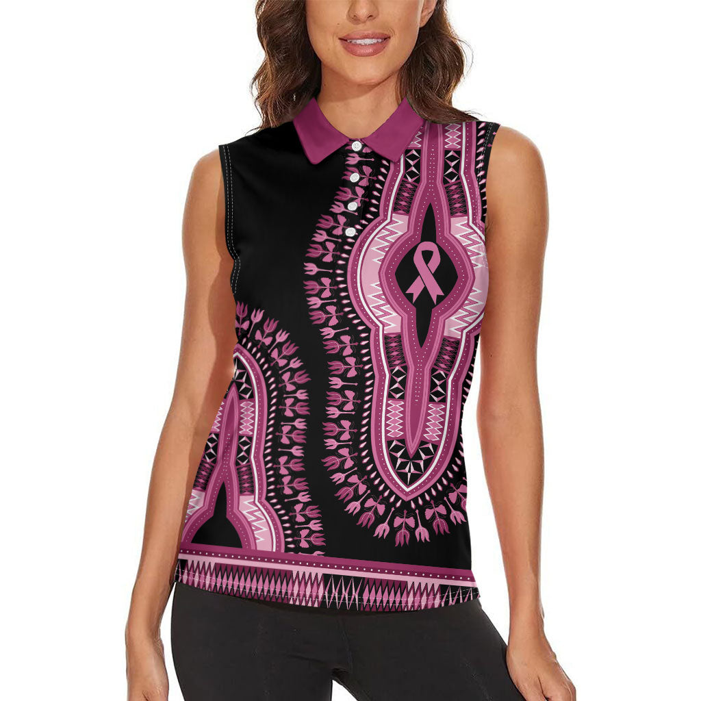 Breast Cancer Pink Ribbon Women Sleeveless Polo Shirt Dashiki Style