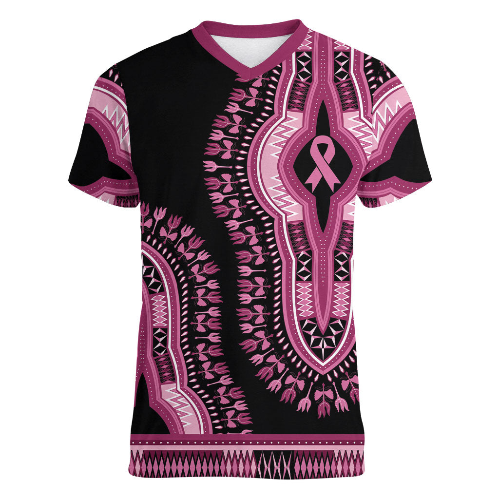 Breast Cancer Pink Ribbon Women V-Neck T-Shirt Dashiki Style
