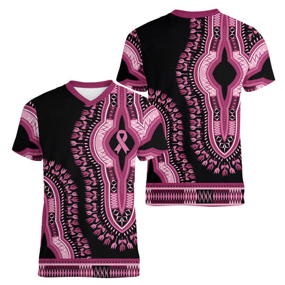 Breast Cancer Pink Ribbon Women V-Neck T-Shirt Dashiki Style