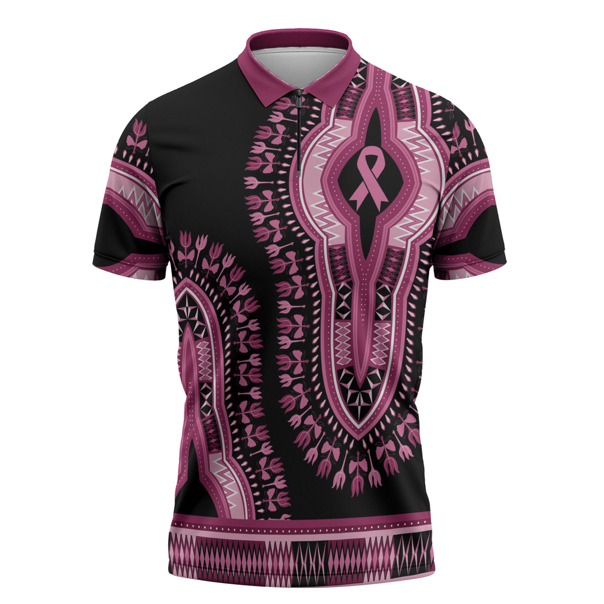 Breast Cancer Pink Ribbon Zipper Polo Shirt Dashiki Style