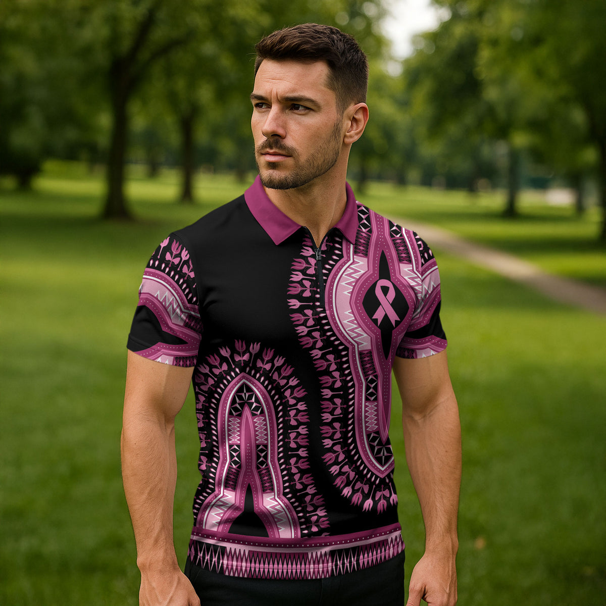 Breast Cancer Pink Ribbon Zipper Polo Shirt Dashiki Style