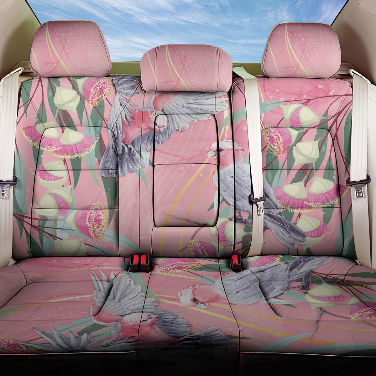 Australia Breast Cancer Back Car Seat Cover Pink Galah with Eucalyptus Flowers