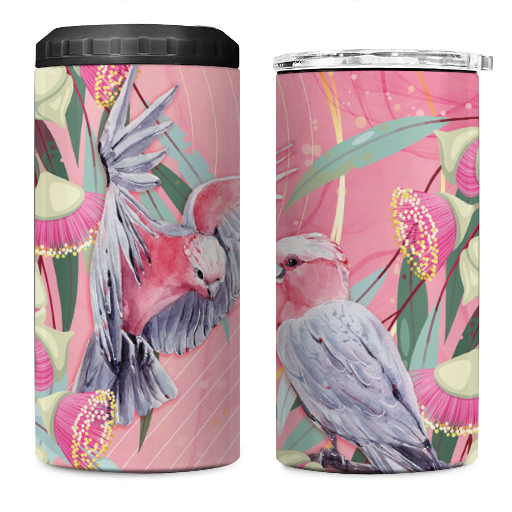 Australia Breast Cancer 4 in 1 Can Cooler Tumbler Pink Galah with Eucalyptus Flowers