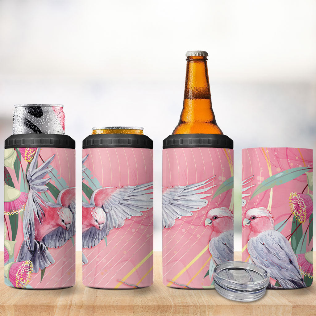 Australia Breast Cancer 4 in 1 Can Cooler Tumbler Pink Galah with Eucalyptus Flowers