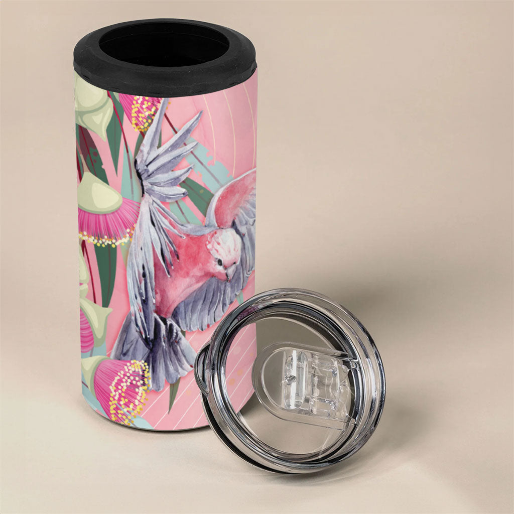 Australia Breast Cancer 4 in 1 Can Cooler Tumbler Pink Galah with Eucalyptus Flowers