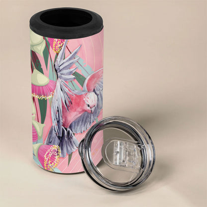 Australia Breast Cancer 4 in 1 Can Cooler Tumbler Pink Galah with Eucalyptus Flowers