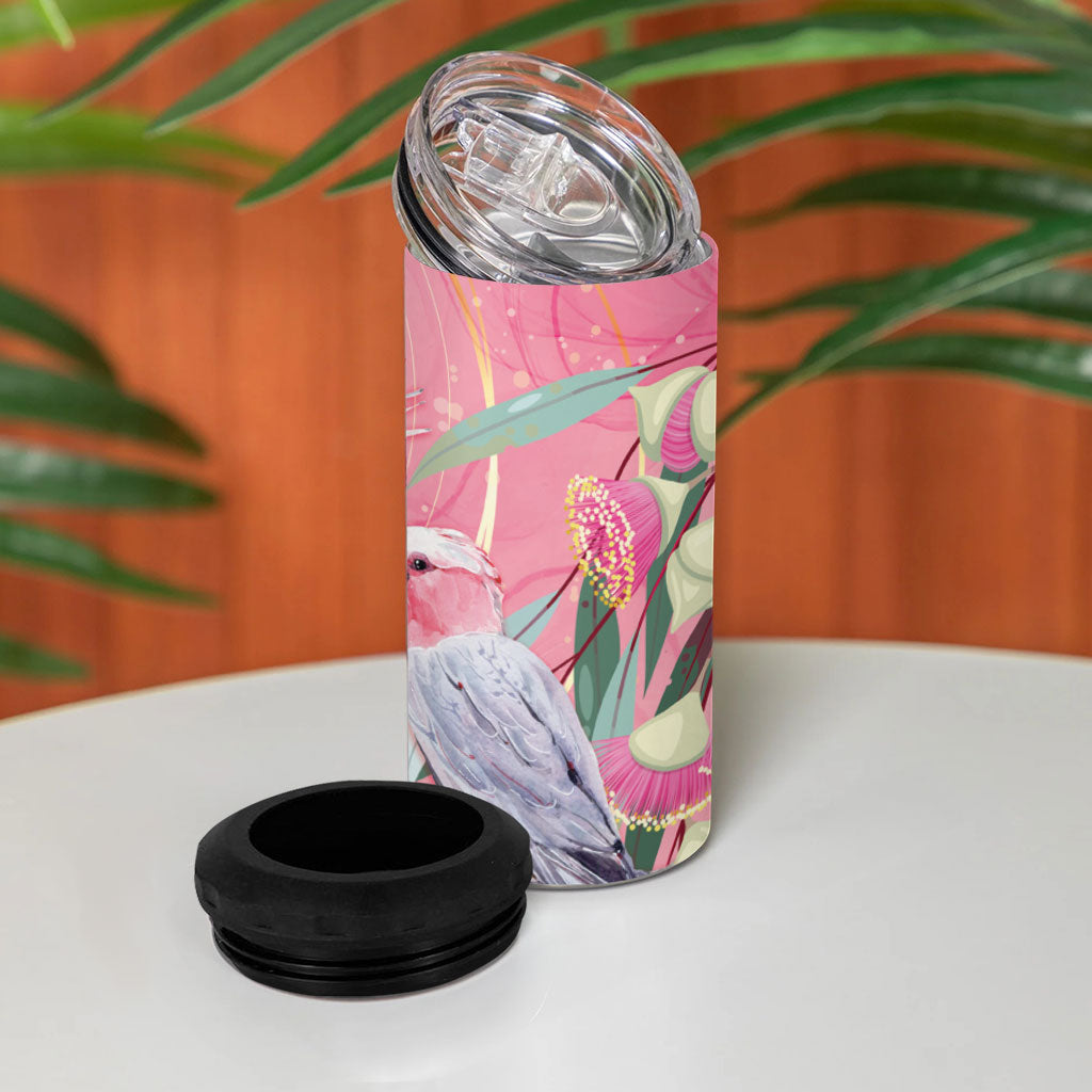 Australia Breast Cancer 4 in 1 Can Cooler Tumbler Pink Galah with Eucalyptus Flowers