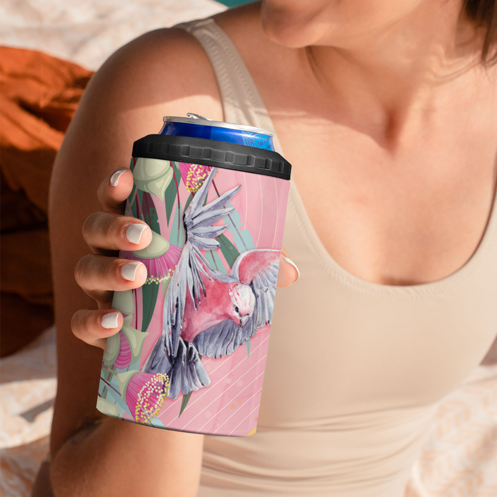 Australia Breast Cancer 4 in 1 Can Cooler Tumbler Pink Galah with Eucalyptus Flowers