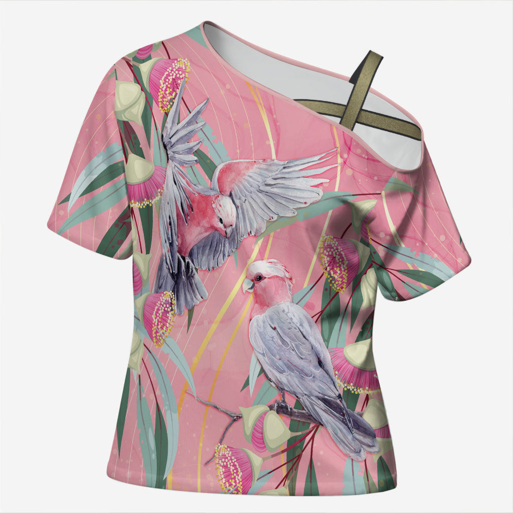 Australia Breast Cancer Cross Shoulder Shirt Pink Galah with Eucalyptus Flowers