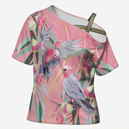 Australia Breast Cancer Cross Shoulder Shirt Pink Galah with Eucalyptus Flowers