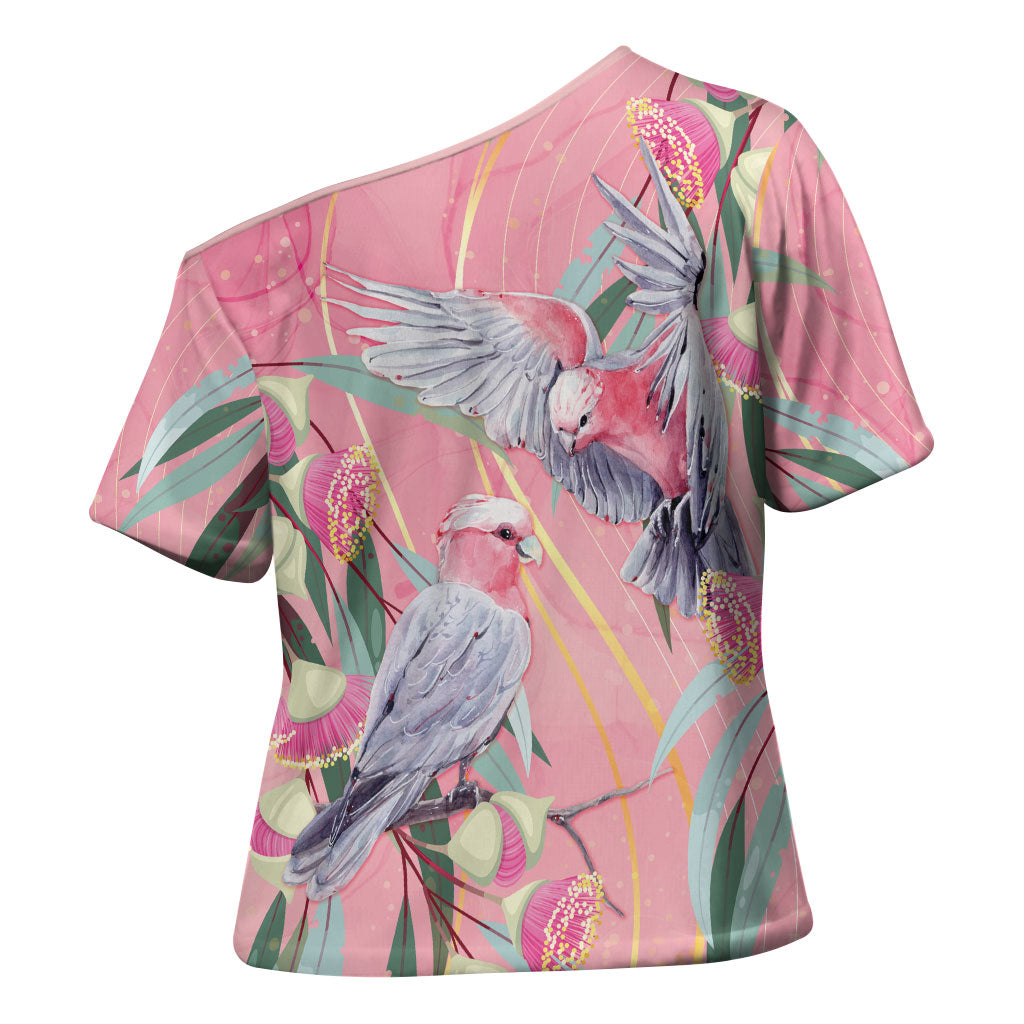Australia Breast Cancer Cross Shoulder Shirt Pink Galah with Eucalyptus Flowers