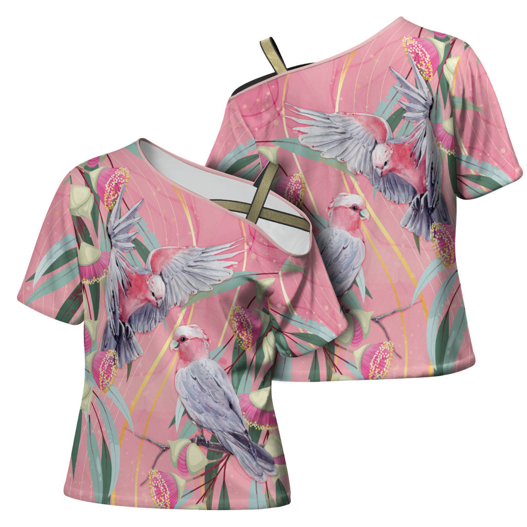 Australia Breast Cancer Cross Shoulder Shirt Pink Galah with Eucalyptus Flowers