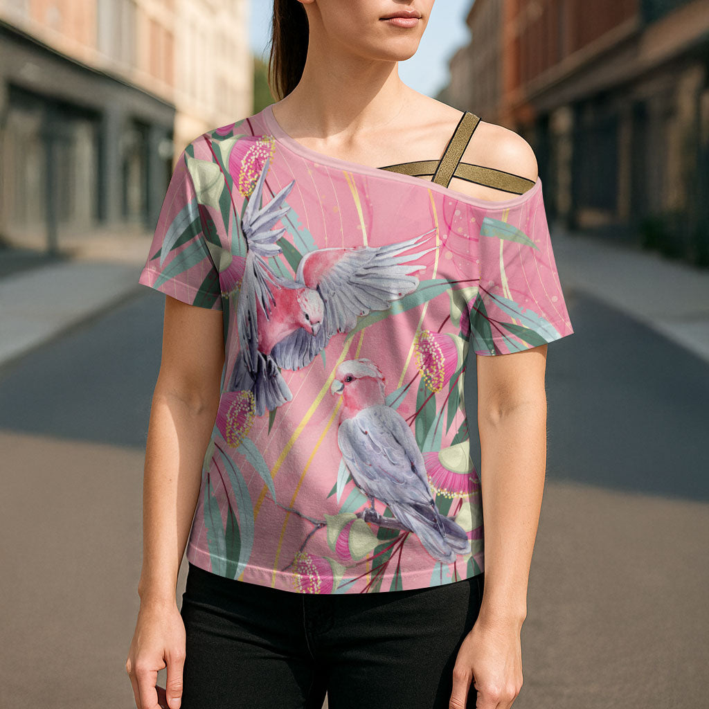 Australia Breast Cancer Cross Shoulder Shirt Pink Galah with Eucalyptus Flowers