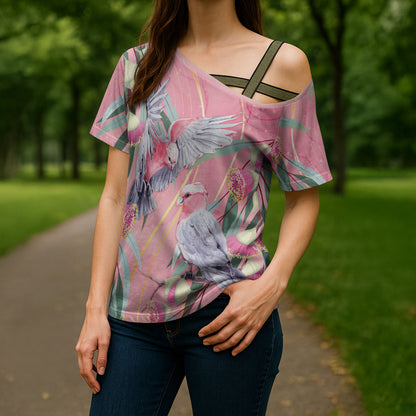Australia Breast Cancer Cross Shoulder Shirt Pink Galah with Eucalyptus Flowers