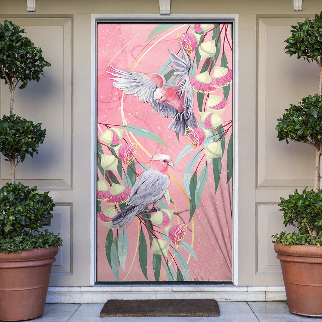 Australia Breast Cancer Door Cover Pink Galah with Eucalyptus Flowers