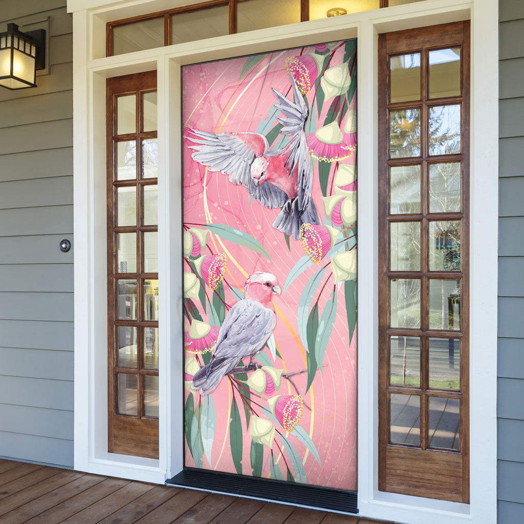 Australia Breast Cancer Door Cover Pink Galah with Eucalyptus Flowers