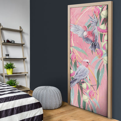 Australia Breast Cancer Door Cover Pink Galah with Eucalyptus Flowers