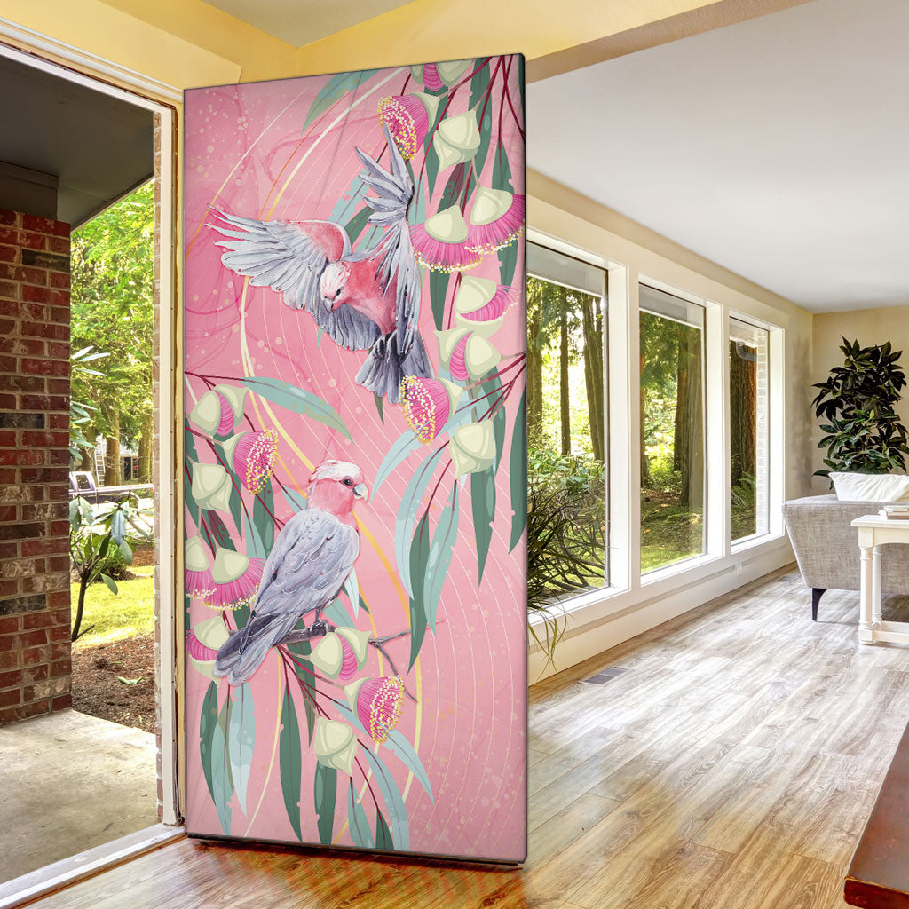 Australia Breast Cancer Door Cover Pink Galah with Eucalyptus Flowers