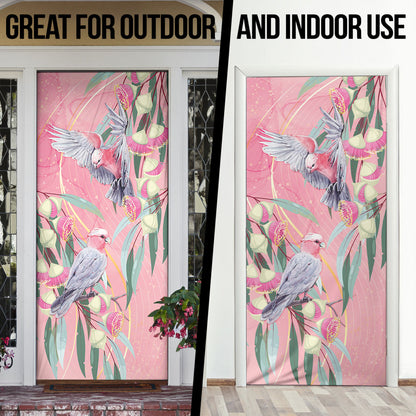Australia Breast Cancer Door Cover Pink Galah with Eucalyptus Flowers