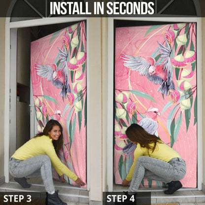 Australia Breast Cancer Door Cover Pink Galah with Eucalyptus Flowers