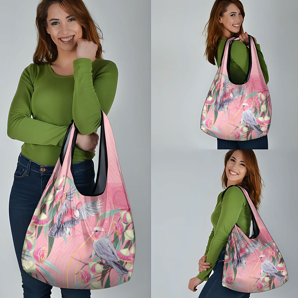 Australia Breast Cancer Grocery Bag Pink Galah with Eucalyptus Flowers