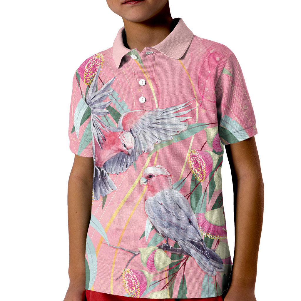 Australia Breast Cancer Kid Polo Shirt Pink Galah with Eucalyptus Flowers