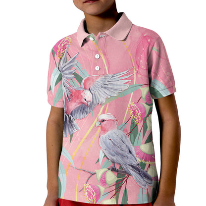 Australia Breast Cancer Kid Polo Shirt Pink Galah with Eucalyptus Flowers