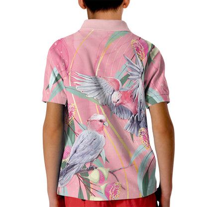 Australia Breast Cancer Kid Polo Shirt Pink Galah with Eucalyptus Flowers