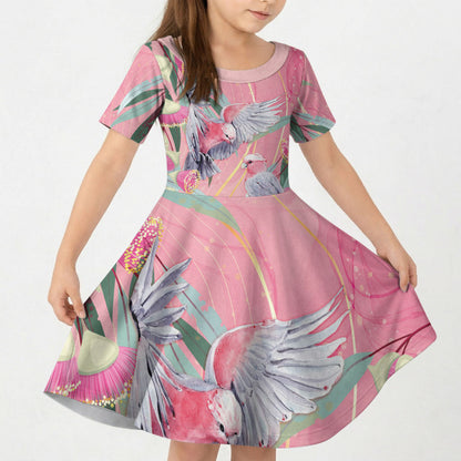 Australia Breast Cancer Kid Short Sleeve Dress Pink Galah with Eucalyptus Flowers