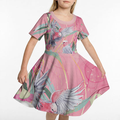 Australia Breast Cancer Kid Short Sleeve Dress Pink Galah with Eucalyptus Flowers