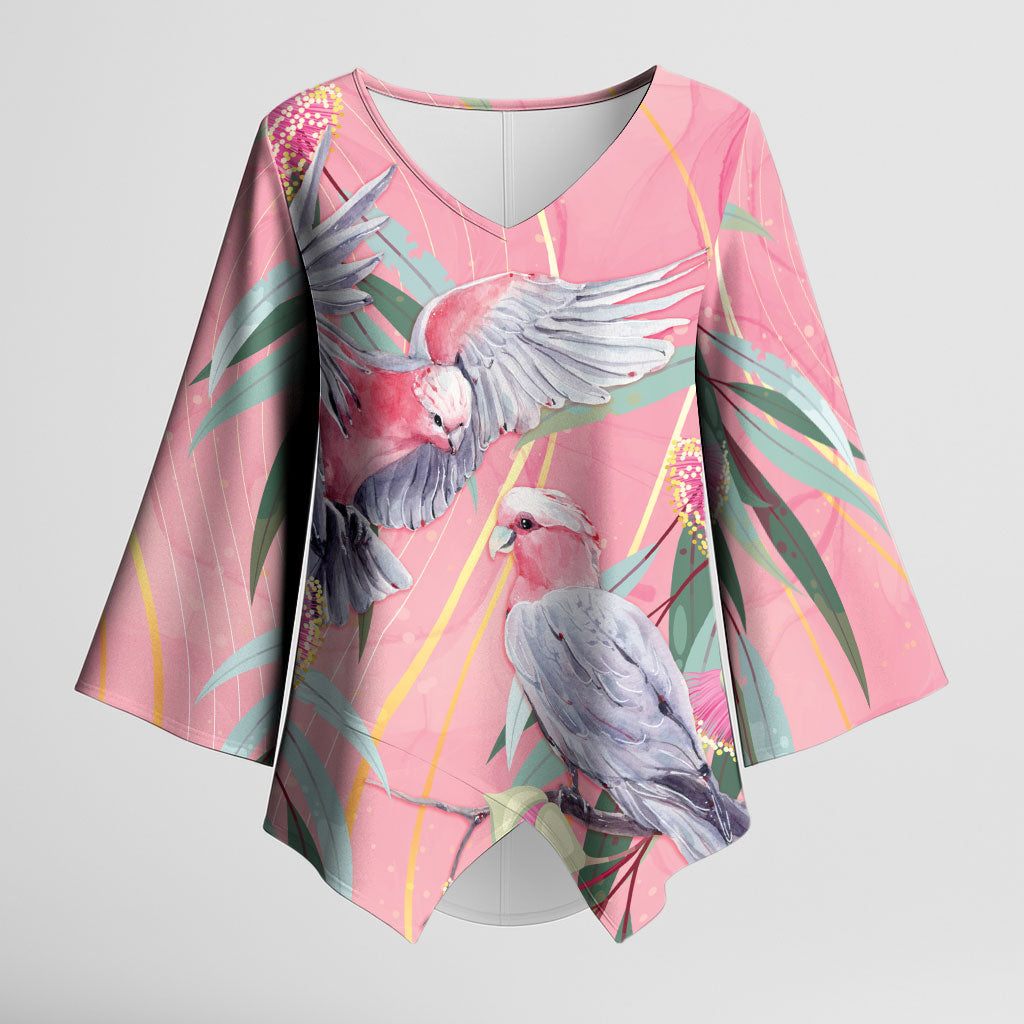 Australia Breast Cancer Kimono Sleeve Blouse Pink Galah with Eucalyptus Flowers