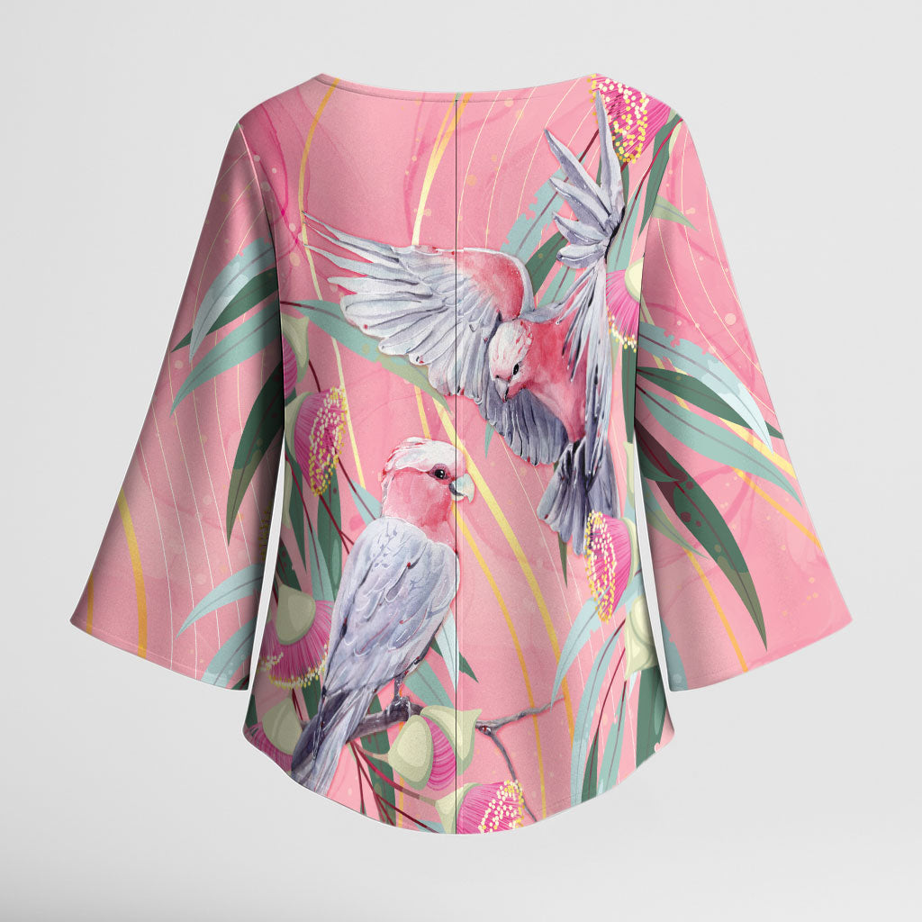 Australia Breast Cancer Kimono Sleeve Blouse Pink Galah with Eucalyptus Flowers
