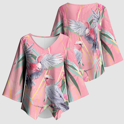 Australia Breast Cancer Kimono Sleeve Blouse Pink Galah with Eucalyptus Flowers