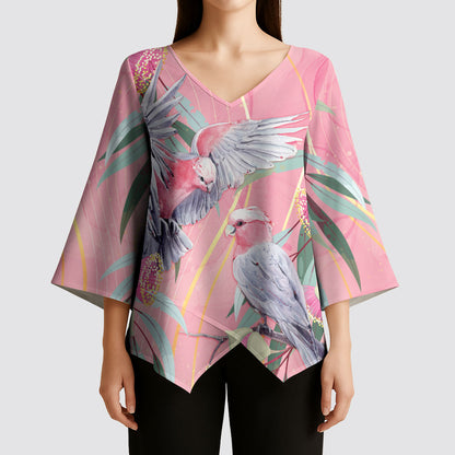 Australia Breast Cancer Kimono Sleeve Blouse Pink Galah with Eucalyptus Flowers