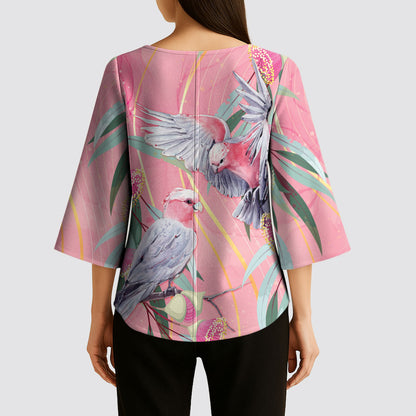 Australia Breast Cancer Kimono Sleeve Blouse Pink Galah with Eucalyptus Flowers