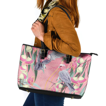 Australia Breast Cancer Leather Tote Bag Pink Galah with Eucalyptus Flowers