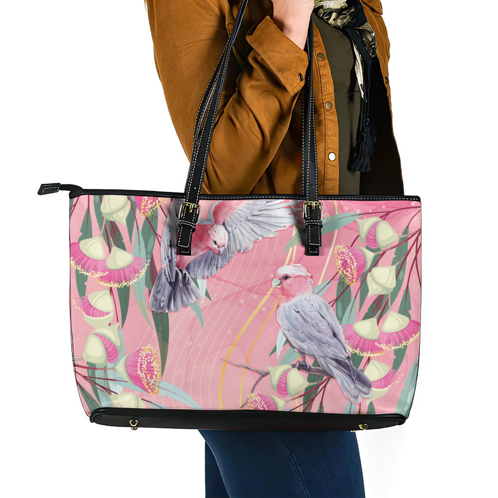 Australia Breast Cancer Leather Tote Bag Pink Galah with Eucalyptus Flowers