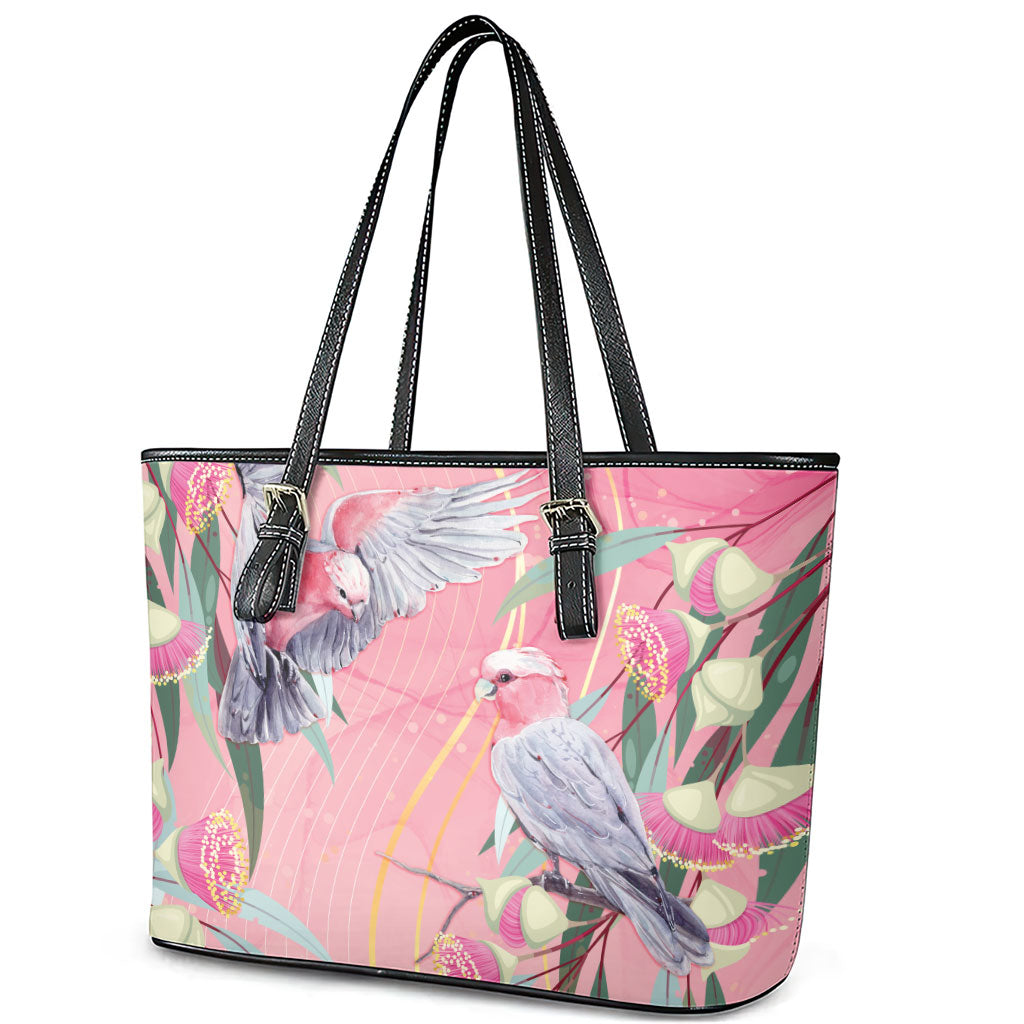 Australia Breast Cancer Leather Tote Bag Pink Galah with Eucalyptus Flowers