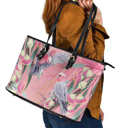 Australia Breast Cancer Leather Tote Bag Pink Galah with Eucalyptus Flowers