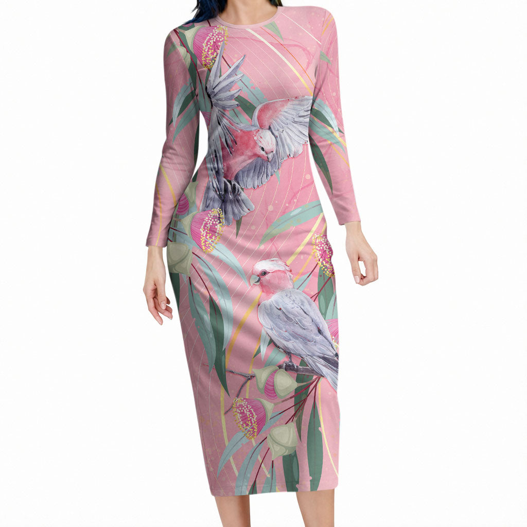 Australia Breast Cancer Long Sleeve Bodycon Dress Pink Galah with Eucalyptus Flowers