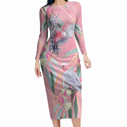 Australia Breast Cancer Long Sleeve Bodycon Dress Pink Galah with Eucalyptus Flowers