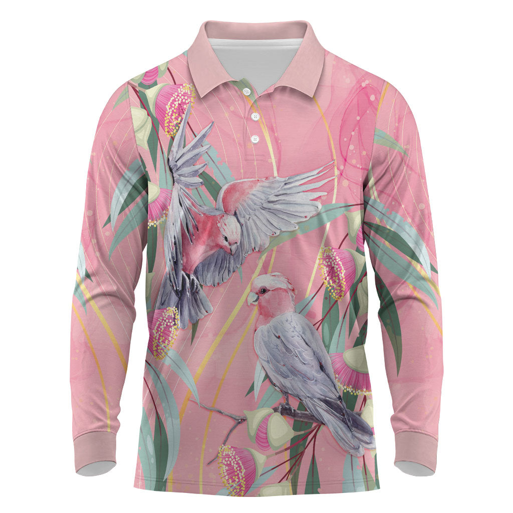 Australia Breast Cancer Long Sleeve Polo Shirt Pink Galah with Eucalyptus Flowers