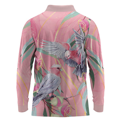 Australia Breast Cancer Long Sleeve Polo Shirt Pink Galah with Eucalyptus Flowers