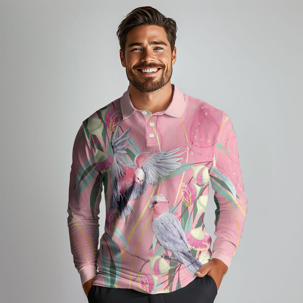 Australia Breast Cancer Long Sleeve Polo Shirt Pink Galah with Eucalyptus Flowers