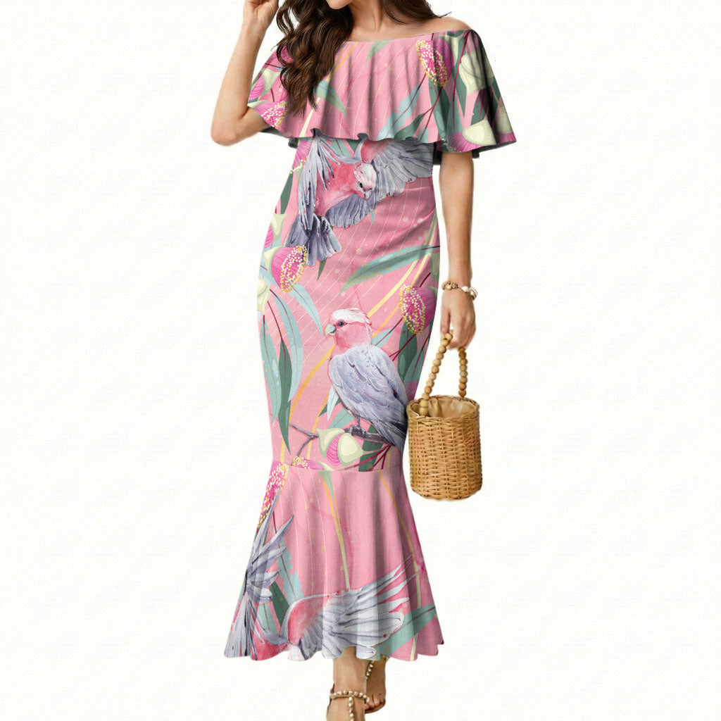 Australia Breast Cancer Mermaid Dress Pink Galah with Eucalyptus Flowers
