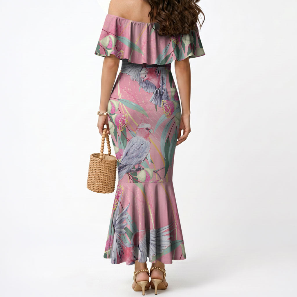 Australia Breast Cancer Mermaid Dress Pink Galah with Eucalyptus Flowers