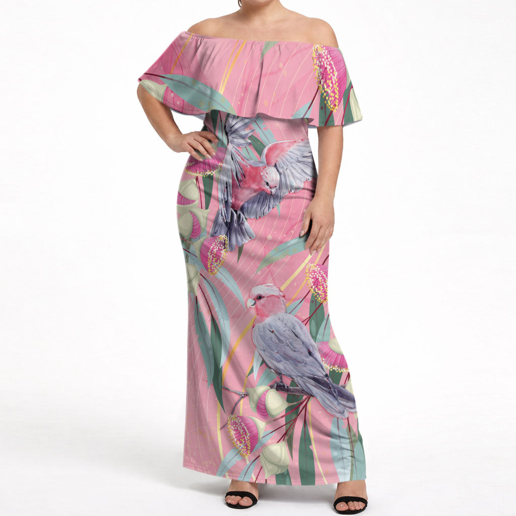 Australia Breast Cancer Off Shoulder Maxi Dress Pink Galah with Eucalyptus Flowers