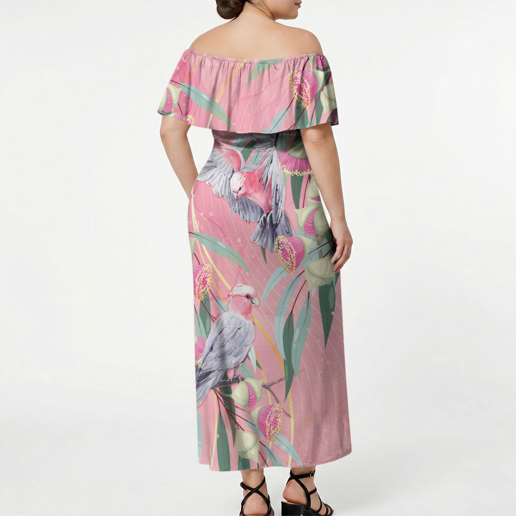 Australia Breast Cancer Off Shoulder Maxi Dress Pink Galah with Eucalyptus Flowers